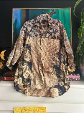 Batik Patchwork Print Button Up Tunic Shirt Boho Artsy 3/4 Sleeve M/L